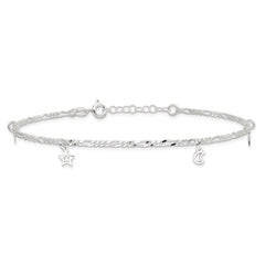 Sterling Silver Star and Moon 9 inch Plus 1 inch Extender - Total 10 inch Anklet