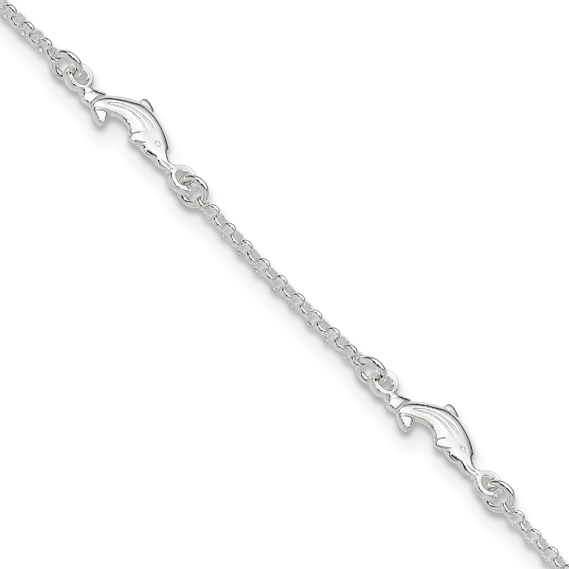Sterling Silver Dolphin 5-Station 9 inch Plus 1 inch Extender - Total 10 inch Anklet