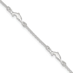 Sterling Silver Dolphin 5-Station 9 inch Plus 1 inch Extender - Total 10 inch Anklet