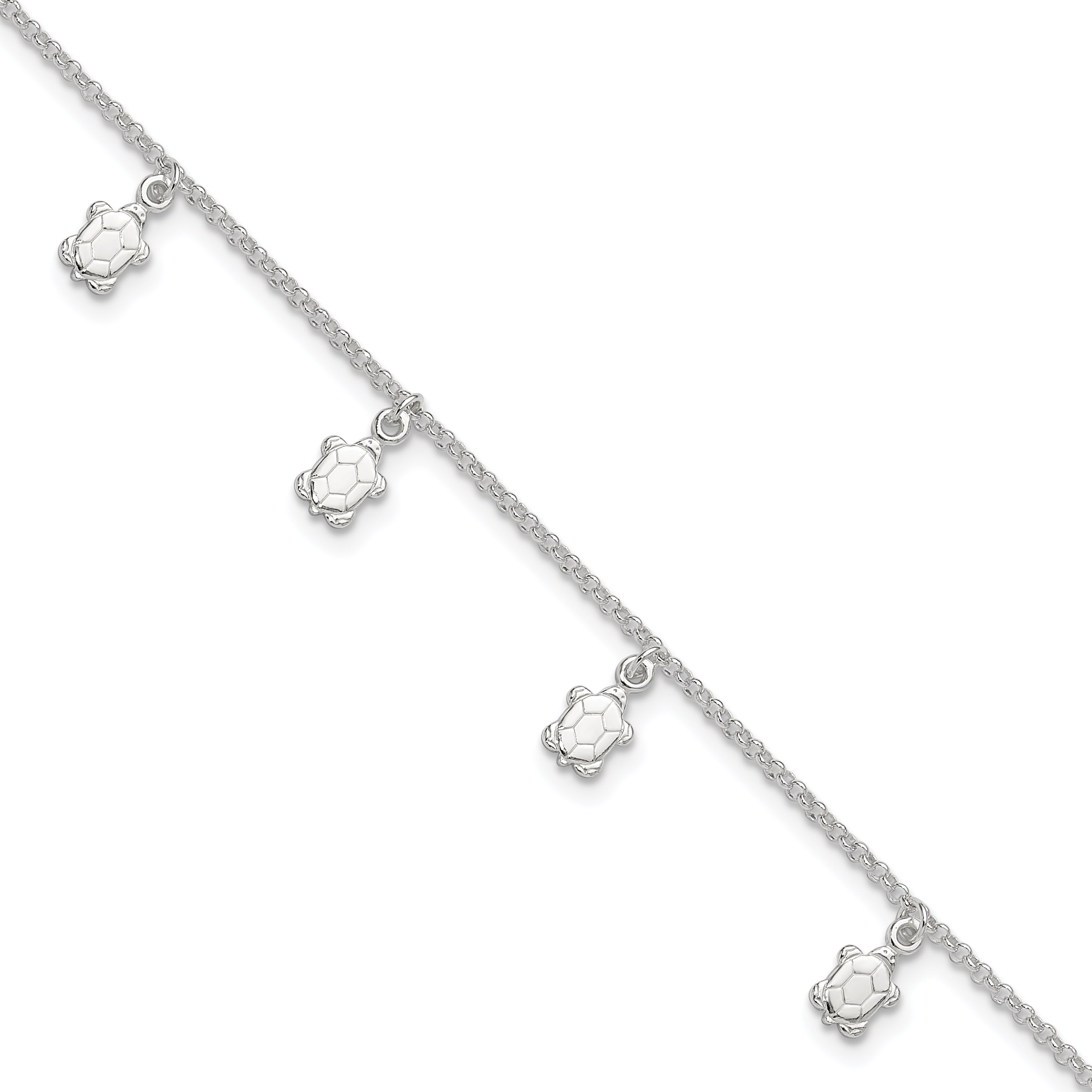 Sterling Silver Turtle Charms 9 inch Plus 1 inch Extender - Total 10 inch Anklet