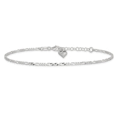Sterling Silver Figaro with Puffed Heart Dangle 9 inch Plus 1 inch Extender - Total 10 inch Anklet