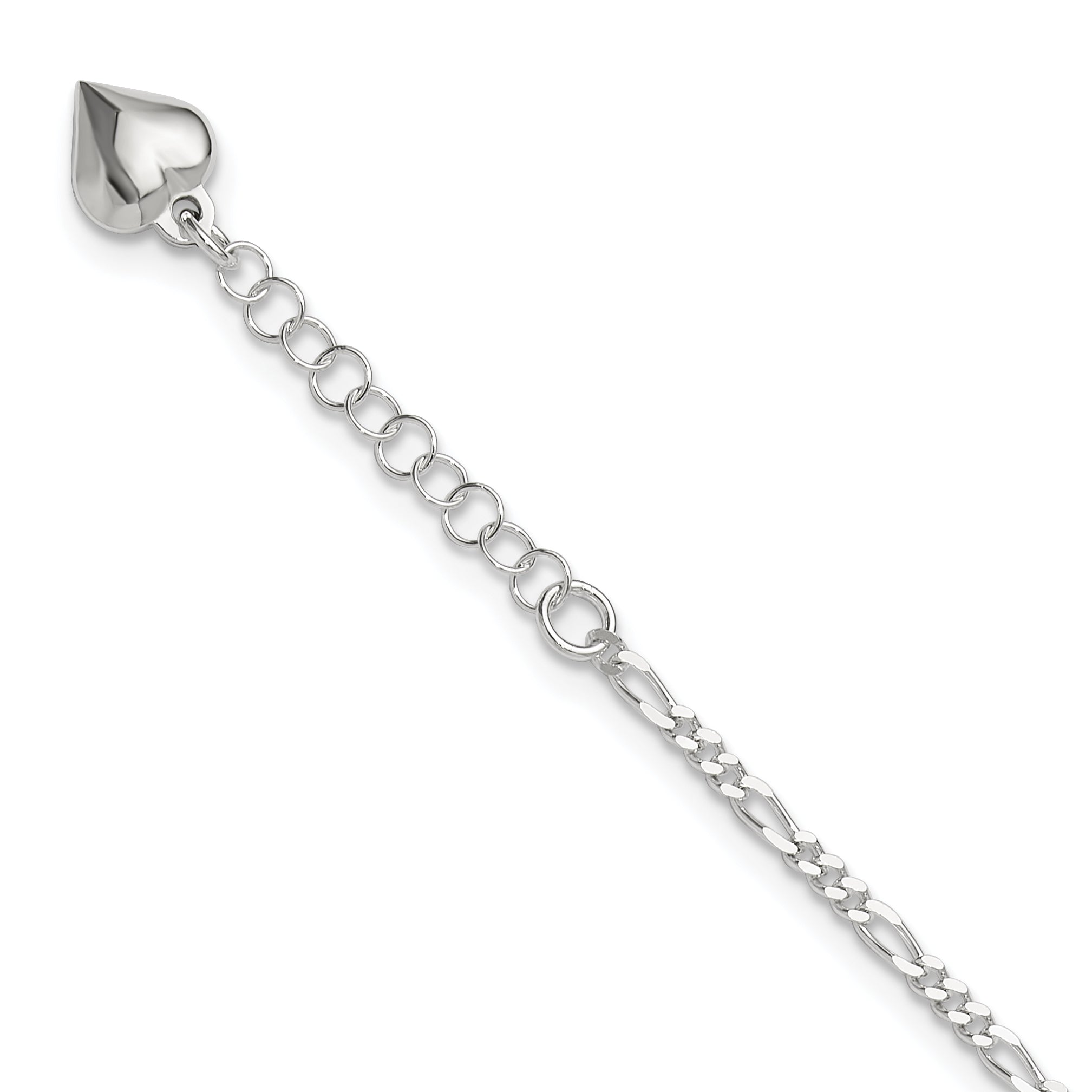 Sterling Silver Figaro with Puffed Heart Dangle 9 inch Plus 1 inch Extender - Total 10 inch Anklet