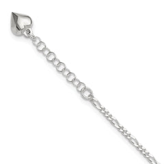 Sterling Silver Figaro with Puffed Heart Dangle 9 inch Plus 1 inch Extender - Total 10 inch Anklet
