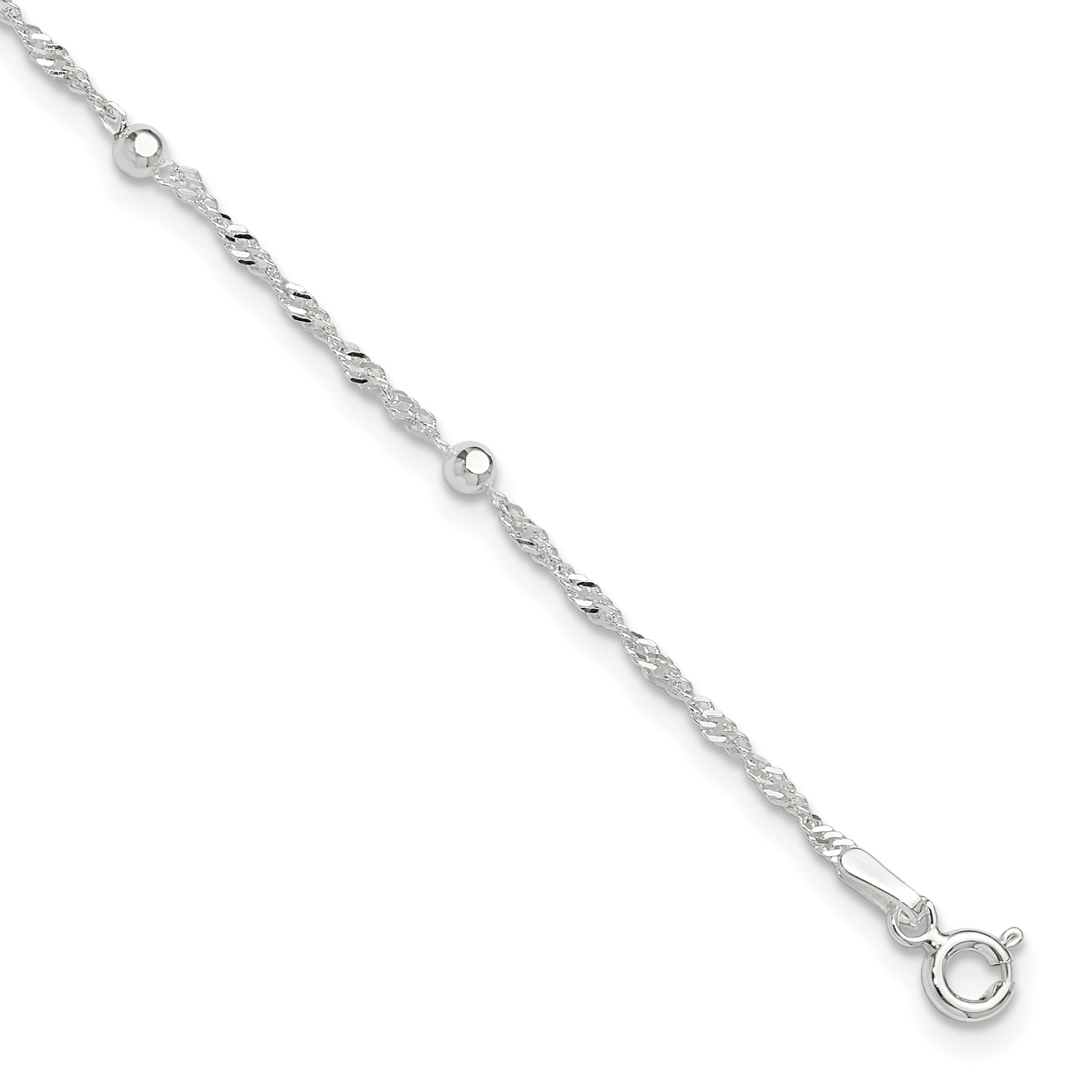 Sterling Silver Bead 7-Station 9 inch Plus 1 inch Extender - Total 10 inch Anklet