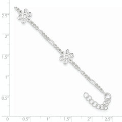 Sterling Silver Figaro Chain/Flowers 5-Station 9 inch Plus 1 inch Extender - Total 10 inch Anklet