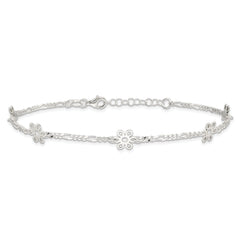 Sterling Silver Figaro Chain/Flowers 5-Station 9 inch Plus 1 inch Extender - Total 10 inch Anklet