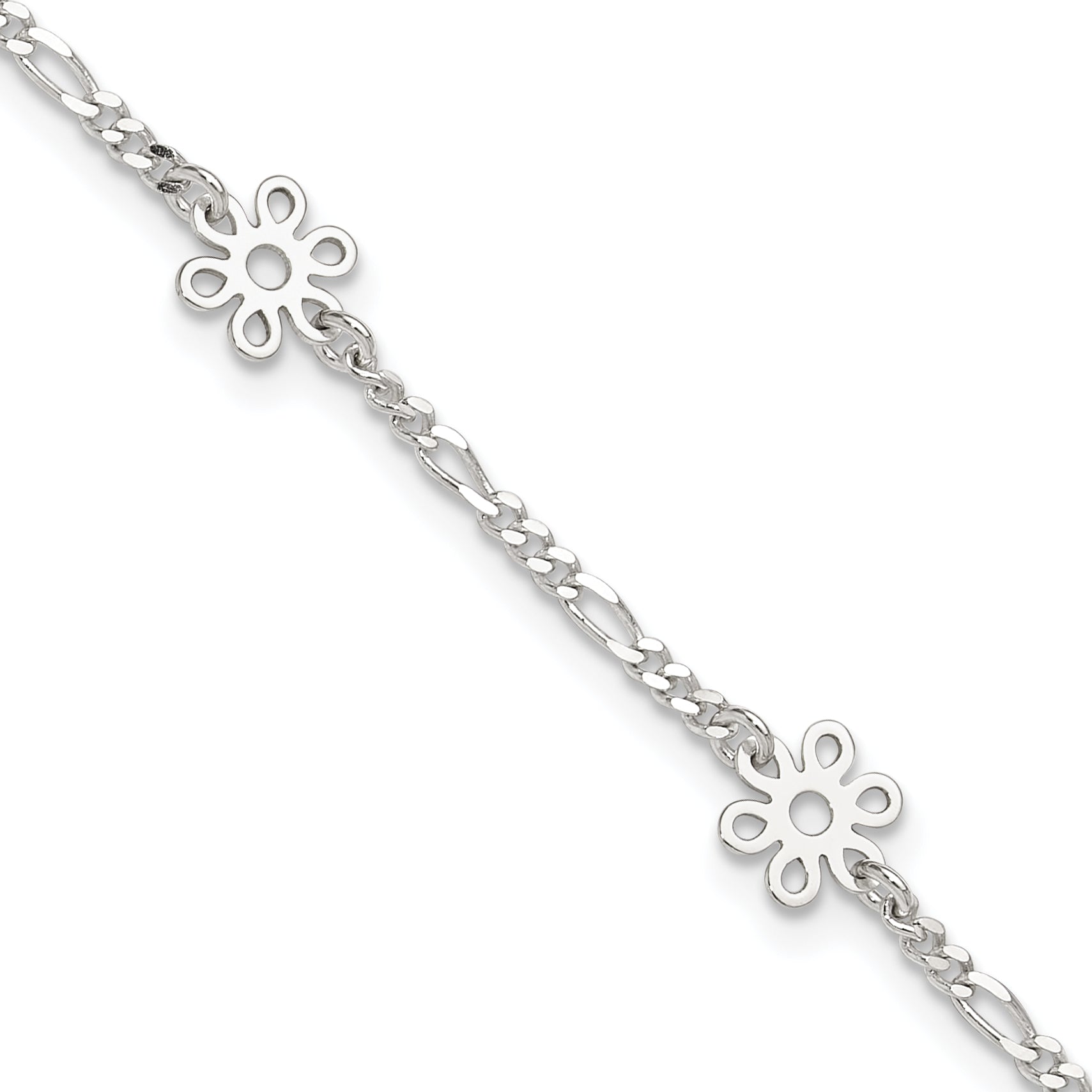 Sterling Silver Figaro Chain/Flowers 5-Station 9 inch Plus 1 inch Extender - Total 10 inch Anklet