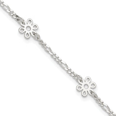Sterling Silver Figaro Chain/Flowers 5-Station 9 inch Plus 1 inch Extender - Total 10 inch Anklet
