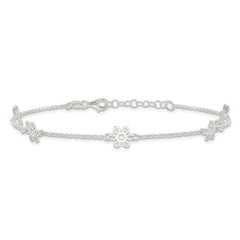 Sterling Silver Cable Chain/Flowers 5-Station 10 inch Plus 1 inch Extender - Total 11 inch Anklet
