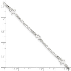 Sterling Silver Moon and Star 9 inch Plus 1 inch Extender - Total 10 inch Anklet