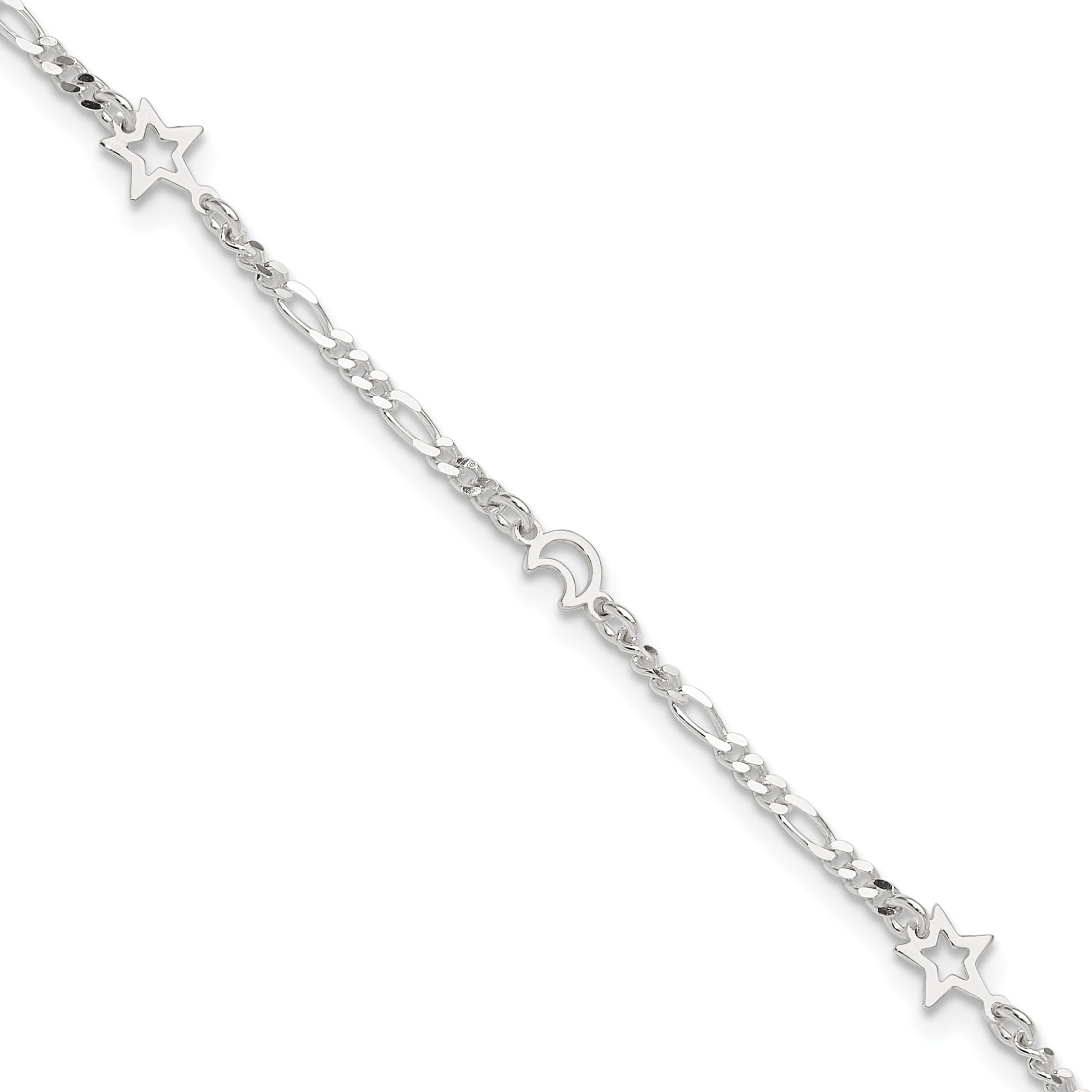 Sterling Silver Moon and Star 9 inch Plus 1 inch Extender - Total 10 inch Anklet