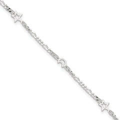Sterling Silver Moon and Star 9 inch Plus 1 inch Extender - Total 10 inch Anklet