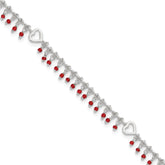 Sterling Silver Red Beads and Heart 10 inch Plus 1 inch Extender - Total 11 inch Anklet