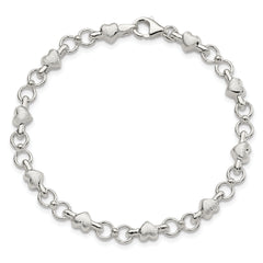 Sterling Silver Polished and Brushed Hearts and Circles Bracelet
