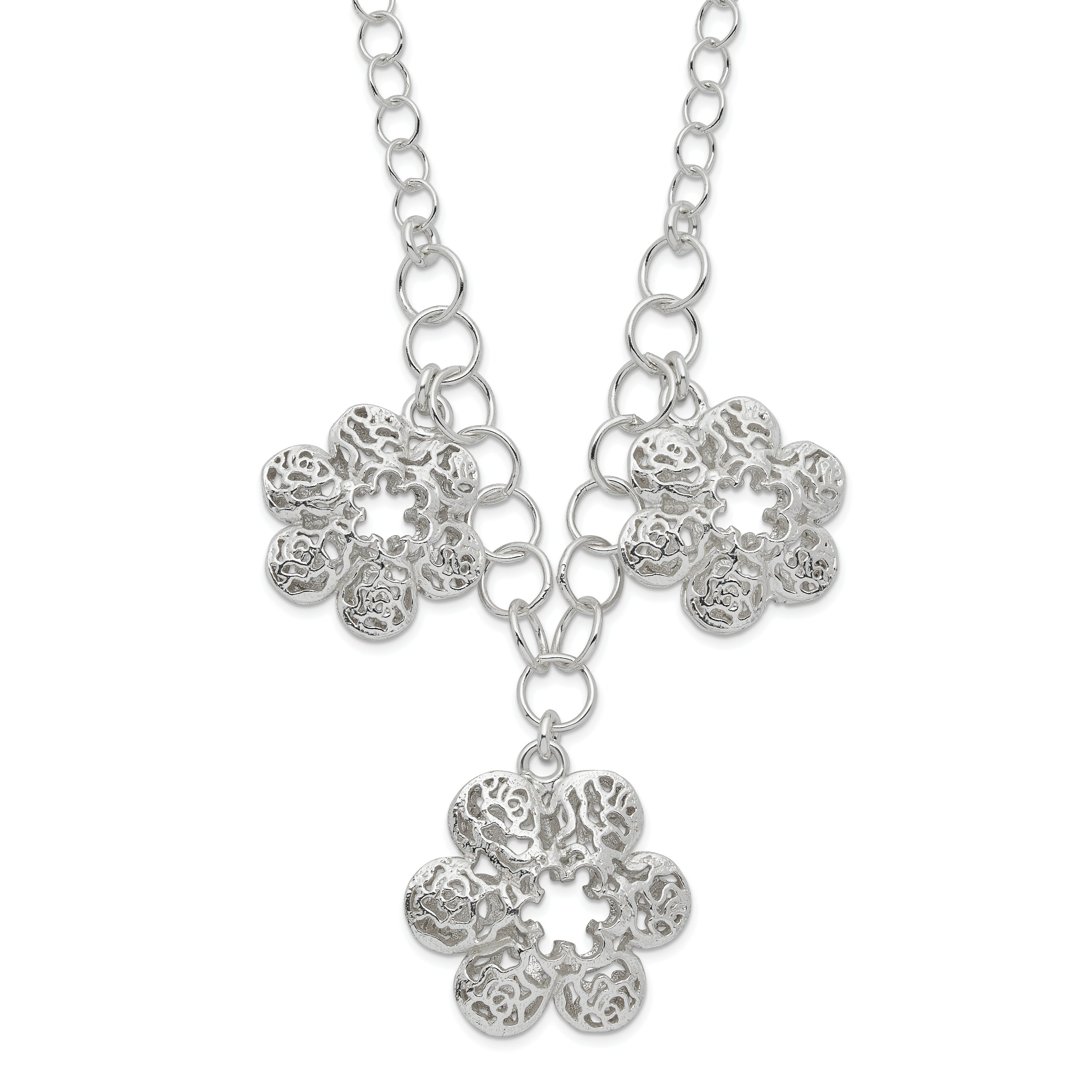Sterling Silver Polished Filigree Flower With  2in ext Necklace