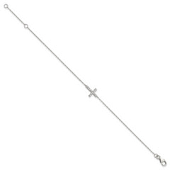 Sterling Silver Rhodium-plated CZ Sideways Cross With 1in Ext Bracelet