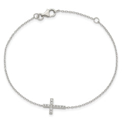 Sterling Silver Rhodium-plated CZ Sideways Cross With 1in Ext Bracelet