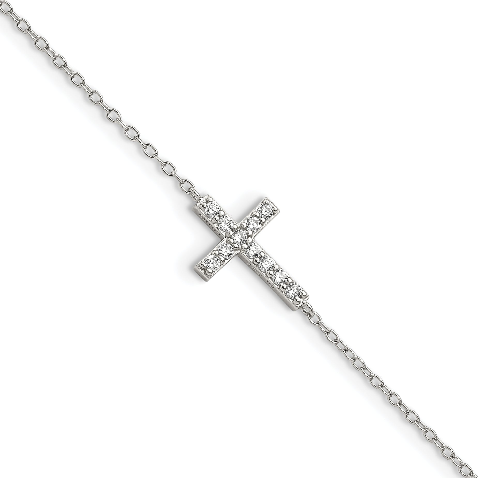 Sterling Silver Rhodium-plated CZ Sideways Cross With 1in Ext Bracelet