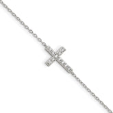 Sterling Silver Rhodium-plated CZ Sideways Cross With 1in Ext Bracelet