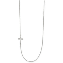 Sterling Silver Rhod-pltd CZ Offset Sideways Cross With 2in Ext Necklace