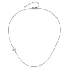 Sterling Silver Rhod-pltd CZ Offset Sideways Cross With 2in Ext Necklace
