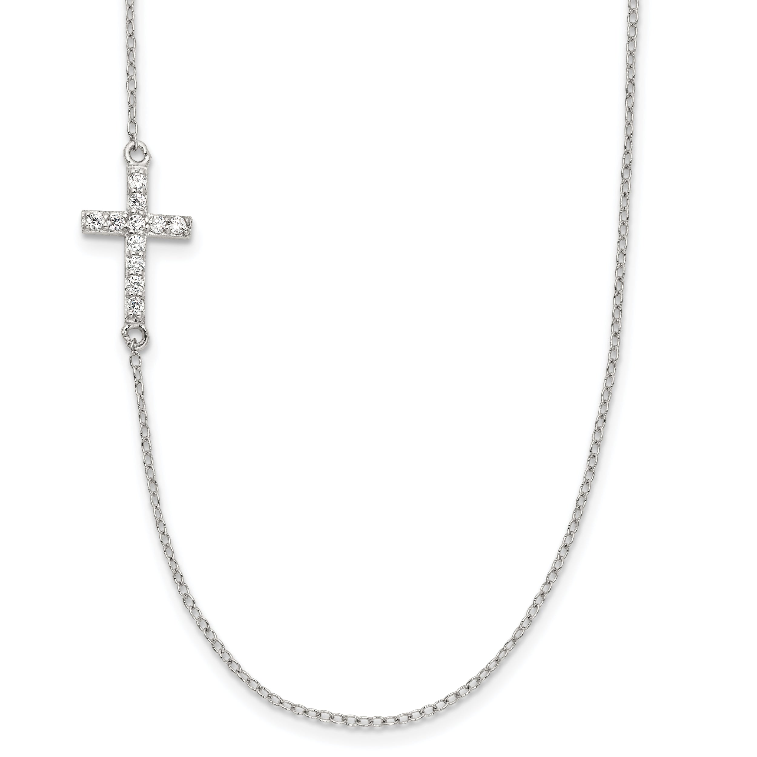 Sterling Silver Rhod-pltd CZ Offset Sideways Cross With 2in Ext Necklace