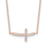 Sterling Silver Rose Gold-plated CZ Sideways Cross With 2in Ext Necklace
