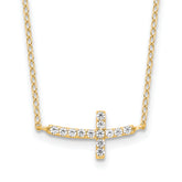 Sterling Silver Yellow Gold-plated CZ Sideways Cross With 2in Ext Necklace