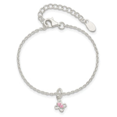 Sterling Silver Polished Pink CZ Butterfly With 1.5in Ext. Children's Bracele