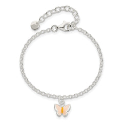 Sterling Silver Polished Enamel Butterfly With 1.5in ext. Childrens Bracelet