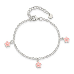 Sterling Silver Polished Pink Enamel Flowers With 1.5in Ext Children's Bracele