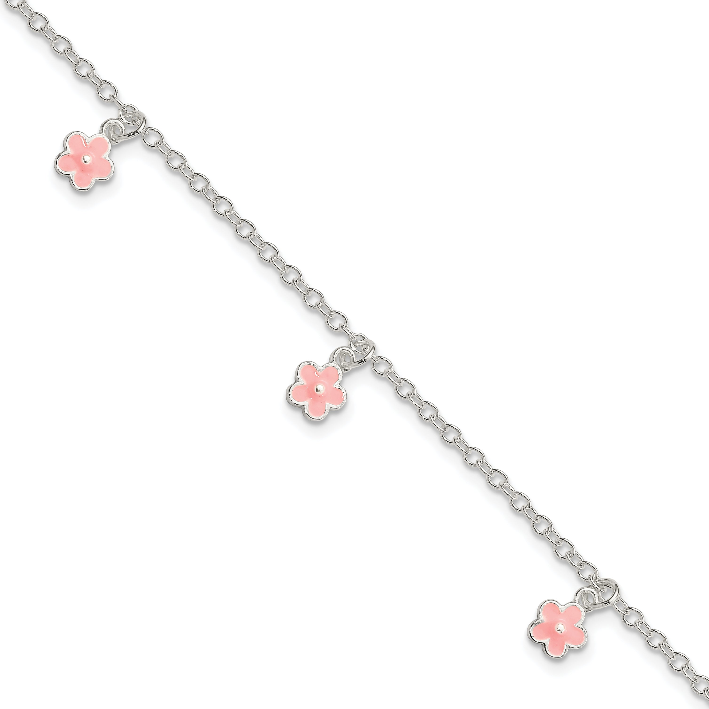 Sterling Silver Polished Pink Enamel Flowers With 1.5in Ext Children's Bracele