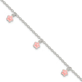 Sterling Silver Polished Pink Enamel Flowers With 1.5in Ext Children's Bracele