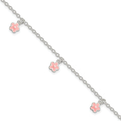Sterling Silver Polished Pink Enamel Flowers With 1.5in Ext Children's Bracele