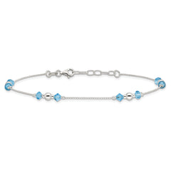 Sterling Silver Bead and Blue CZ 10 inch Plus 1 inch Extender - Total 11 inch Anklet