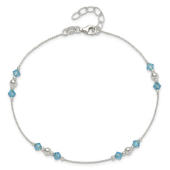 Sterling Silver Bead and Blue CZ 10 inch Plus 1 inch Extender - Total 11 inch Anklet