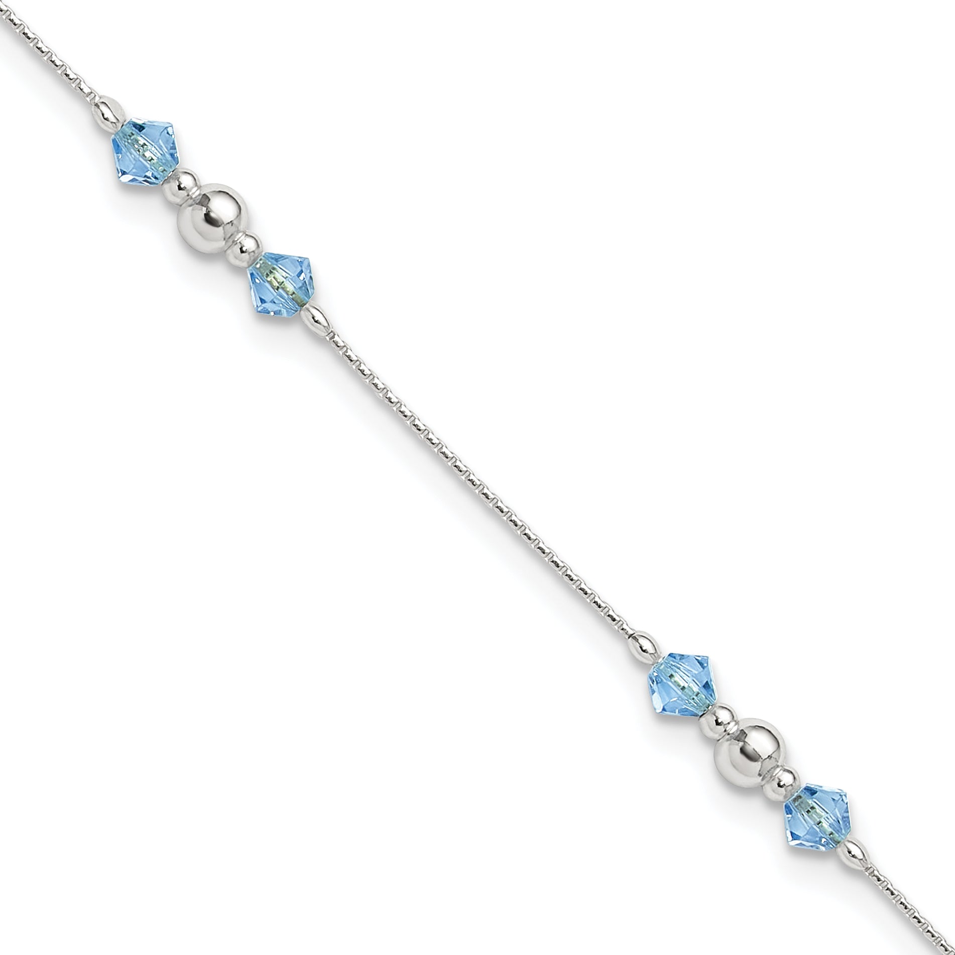 Sterling Silver Bead and Blue CZ 10 inch Plus 1 inch Extender - Total 11 inch Anklet