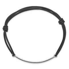 Sterling Silver Rhodium-plated ID Plate With Black Leather Adjustable Bracelet