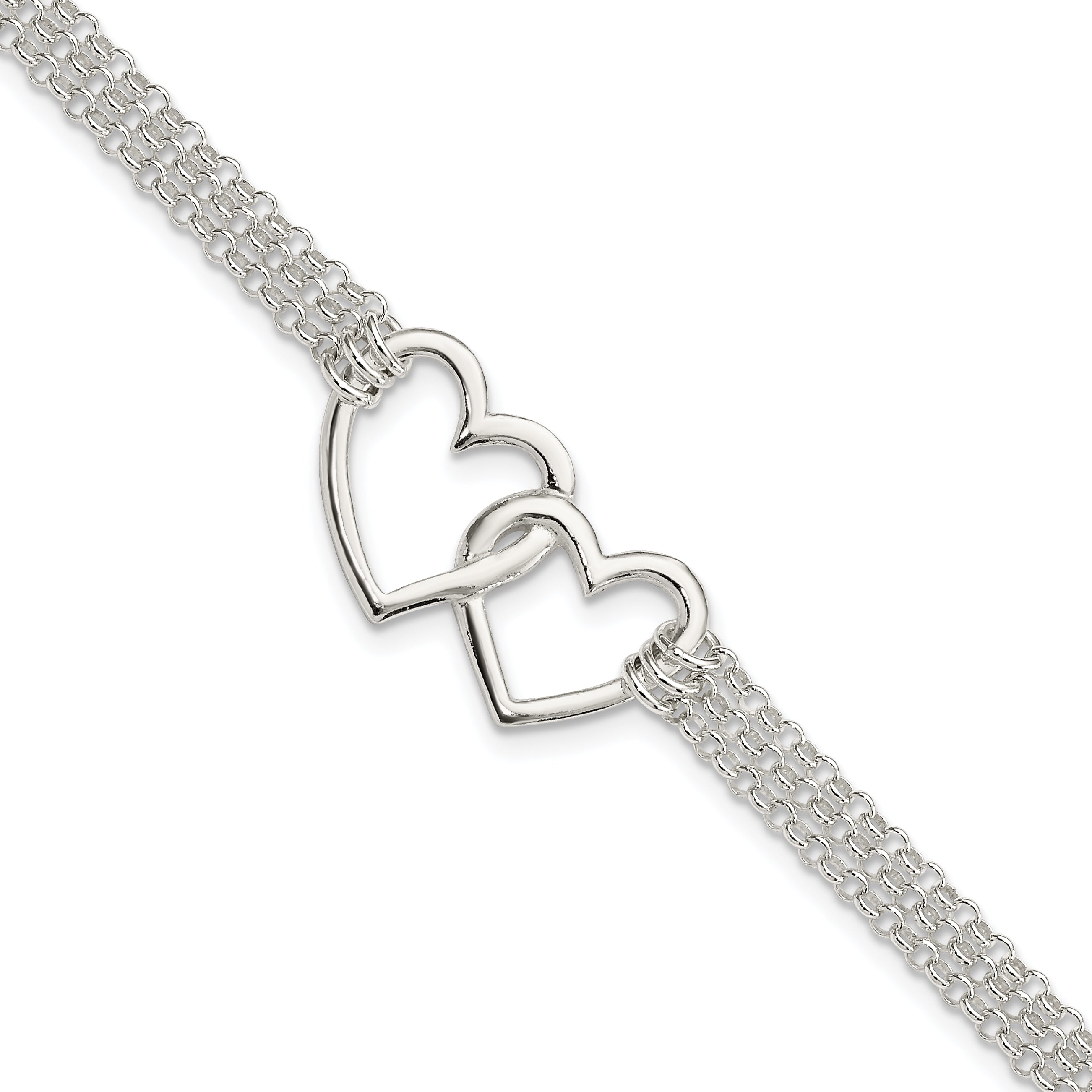 Sterling Silver Polished 3-strand With .5in. Ext. Heart Bracelet