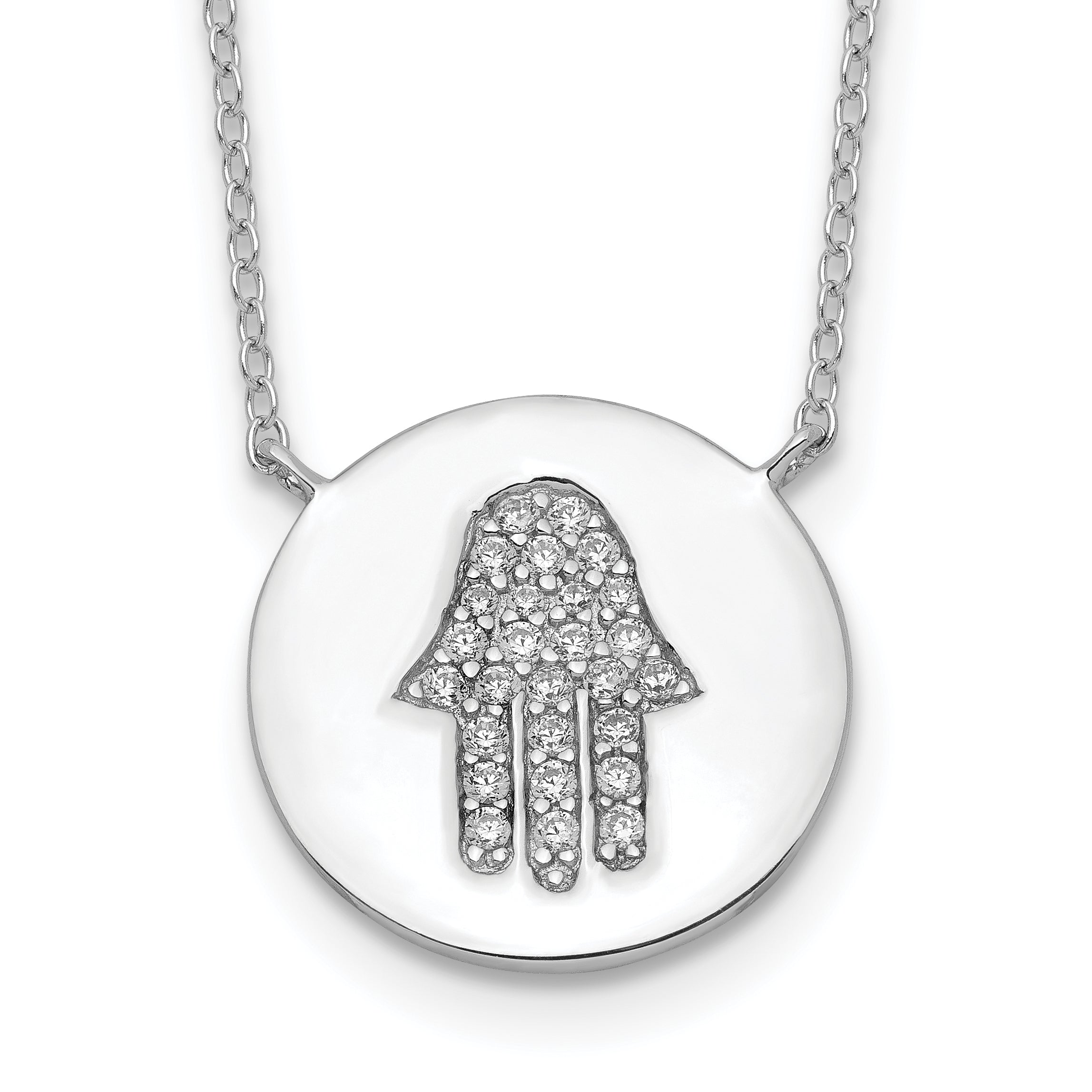 Sterling Silver Rhodium-plated Hamsa With CZ With 2in ext. Necklace