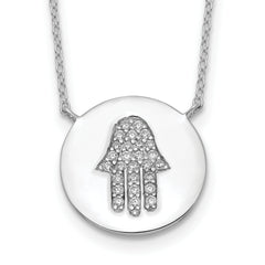 Sterling Silver Rhodium-plated Hamsa With CZ With 2in ext. Necklace