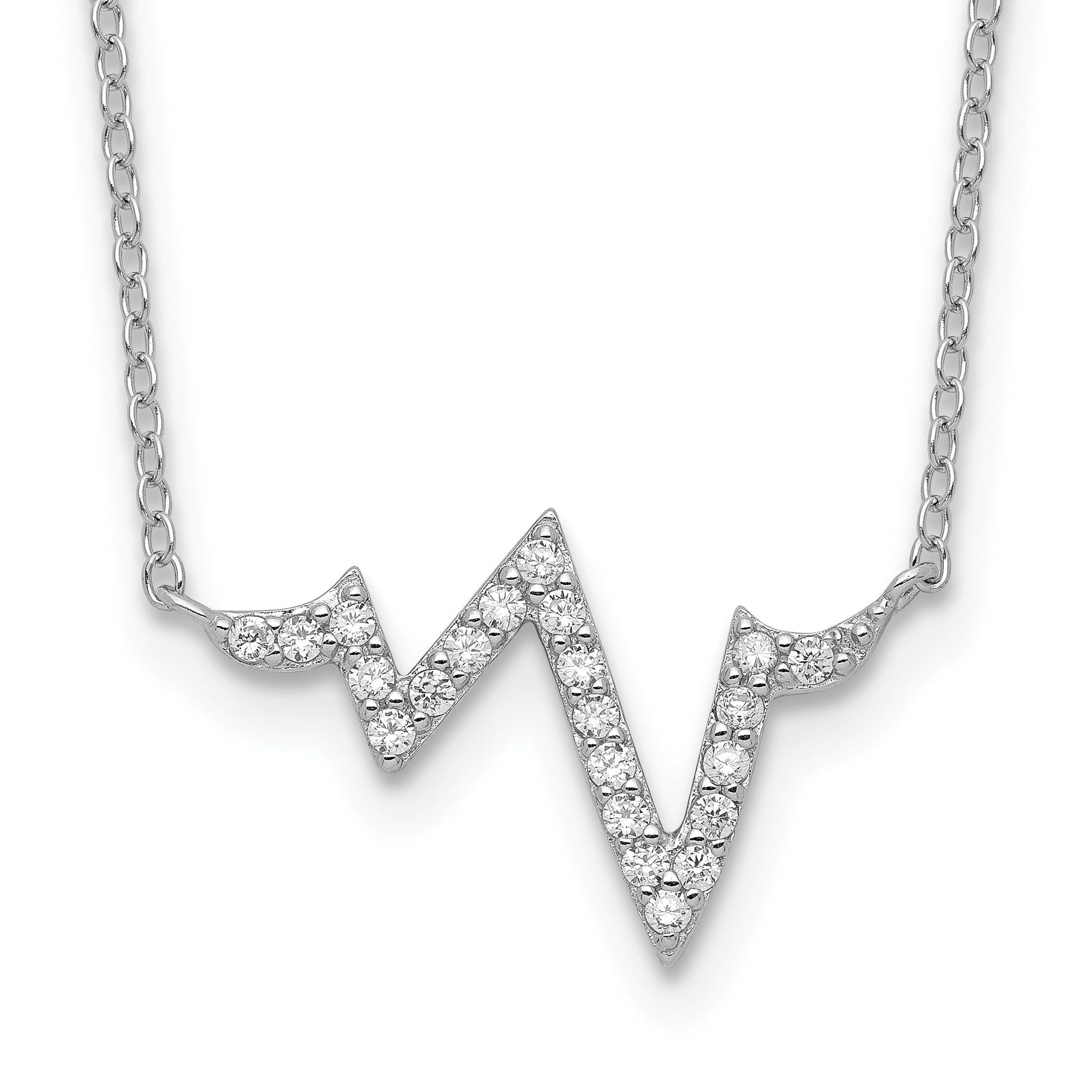 Sterling Silver Rhodium-plated CZ Heartbeat With 2in ext. Necklace