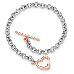 Sterling Silver Rhodium-plated Rose-tone Rolo With Heart Bracelet