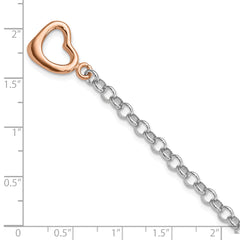 Sterling Silver Rhodium-plated Rose-tone Rolo With Heart Bracelet