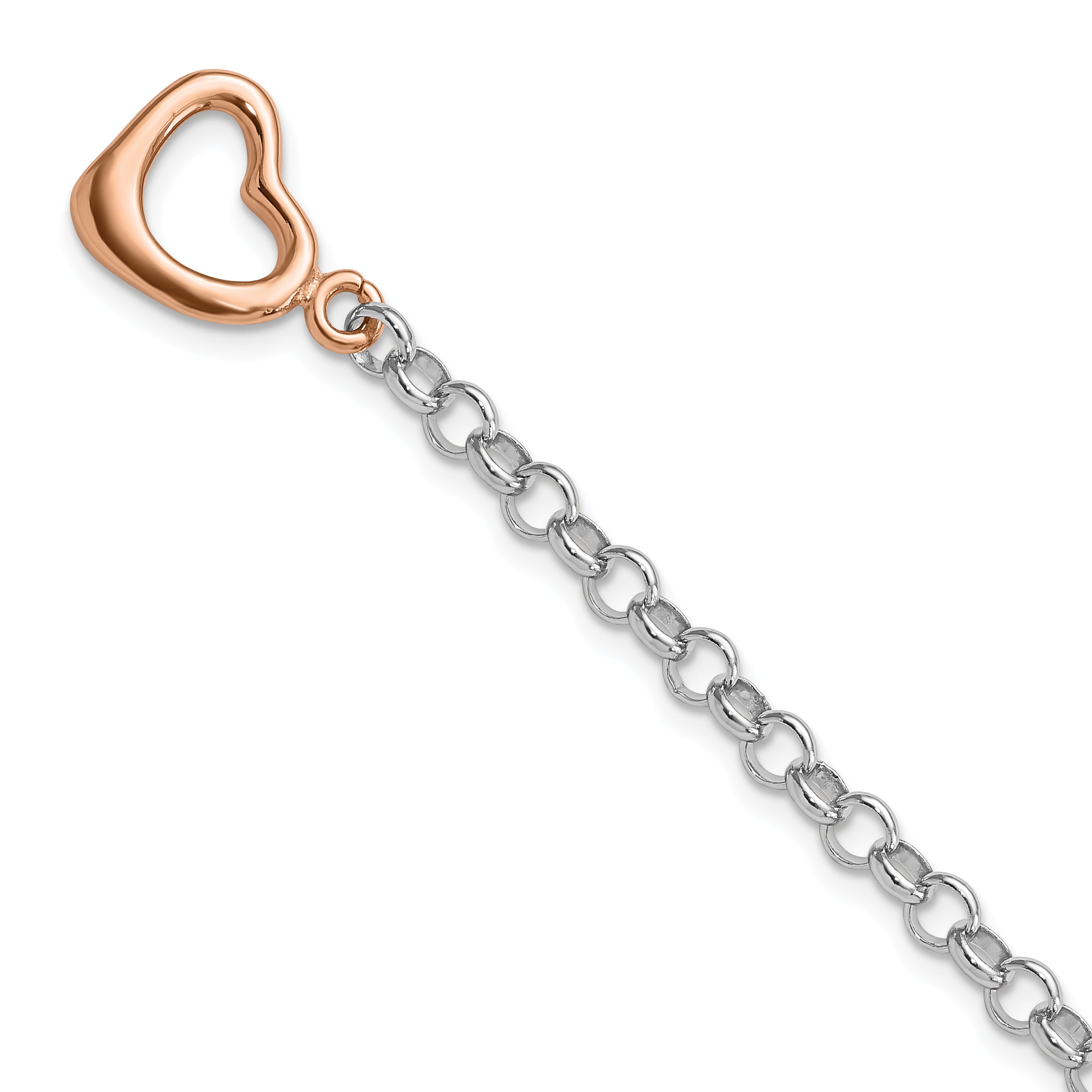 Sterling Silver Rhodium-plated Rose-tone Rolo With Heart Bracelet