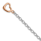 Sterling Silver Rhodium-plated Rose-tone Rolo With Heart Bracelet