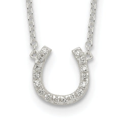 Sterling Silver Polished CZ Horseshoe With  1 inch ext Necklace