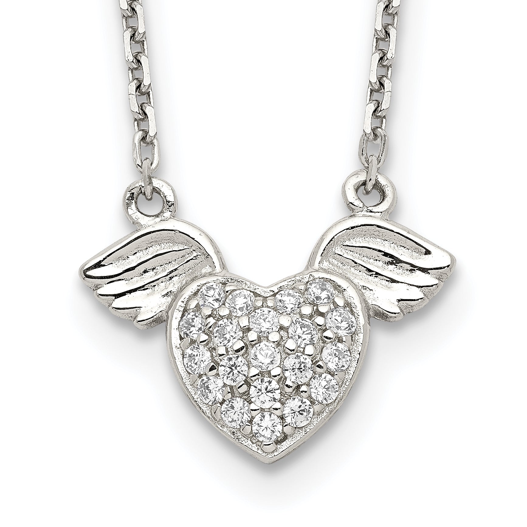 Sterling Silver Rhodium-plated Polished CZ Heart With Wings 16 inch Necklace
