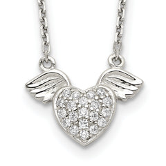 Sterling Silver Rhodium-plated Polished CZ Heart With Wings 16 inch Necklace