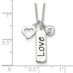 Sterling Silver Antiqued/Polished CZ LOVE Heart With 1in ext Necklace